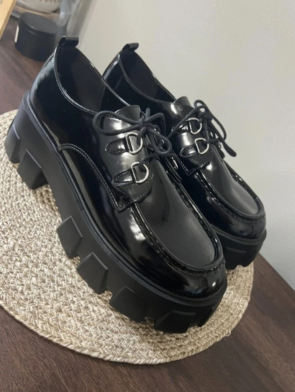Just Fab Y2K 90's Black Lace-up Lug Heel Platform Chunky Loafers Womens Size 11